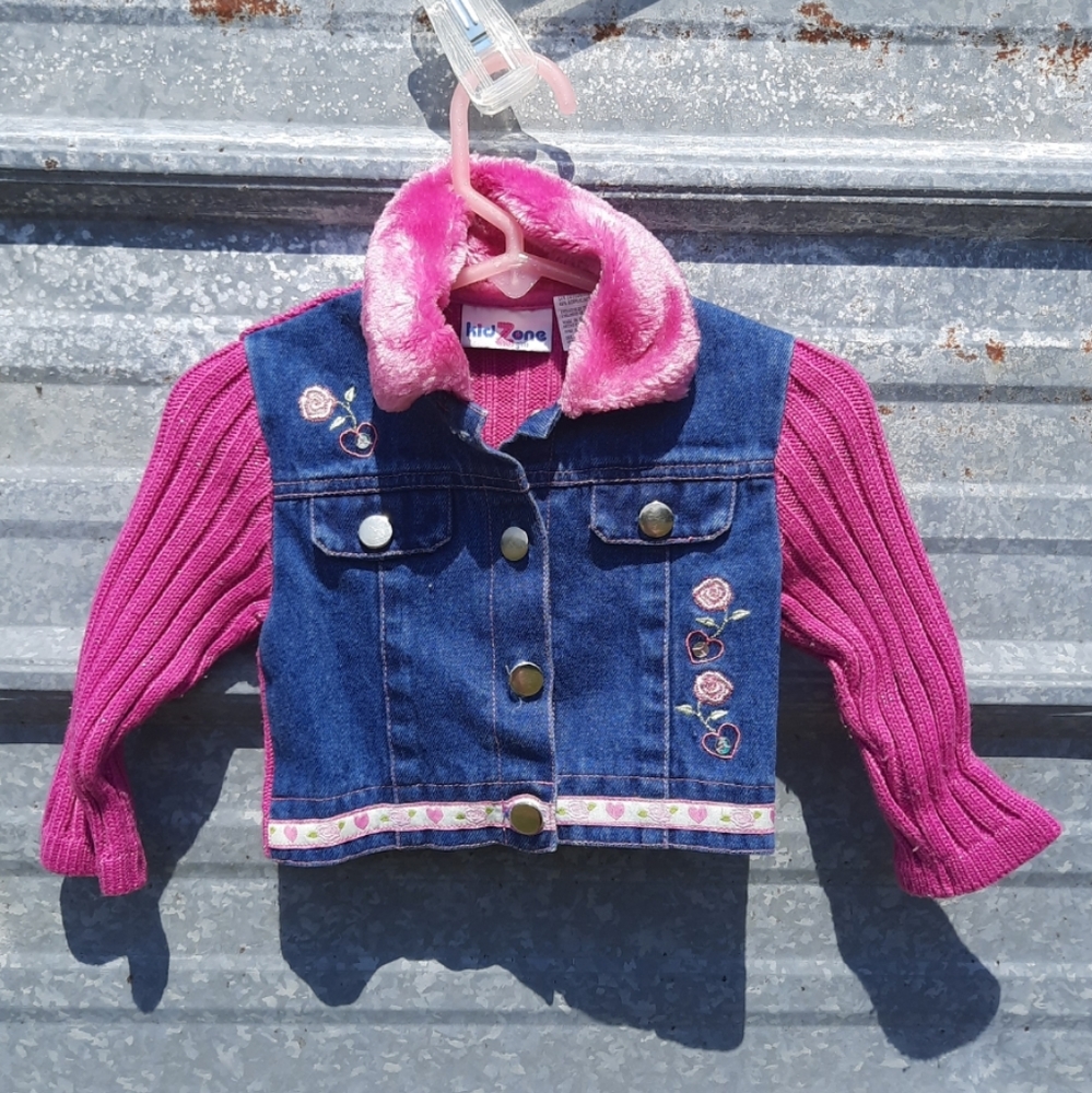 Denim & Sweater Floral Monogram Metallic Shimmer Button Up Faux Collar Jacket